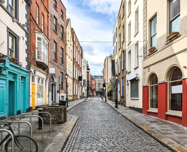 Photo of View of empty Eustace Street in the city center of Dublin, Ireland with no people