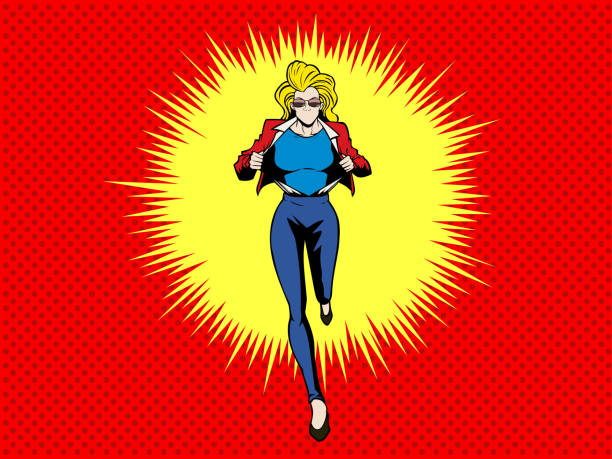 A retro pop art style vector illustration of a female superhero running while changing costume. Spaces available for your copy and logo.