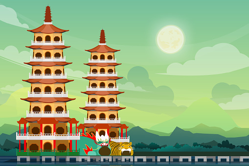 Beautiful landscape of Longhu Pagodas in taiwan architecture line skyline, famous landmarks tourist attraction design postcard or travel poster, Vector illustration.