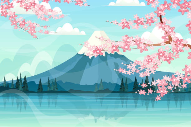 красивый пейзаж горы фудзи в японии - sakura stock illustrations