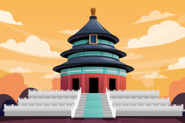 Beautiful landmark Tiantan temple in Biijing China vector Beautiful scene of Tiantan temple famous monument in Beijing China, one of famous landmark in Asia tourist attraction design postcard or travel poster, Vector illustration. chinese temple dog stock illustrations