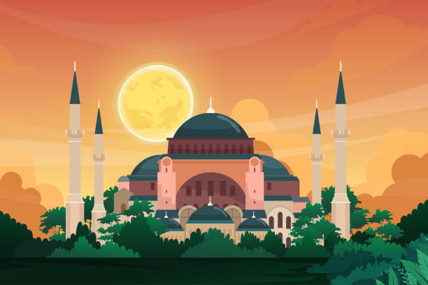 Beautiful scene Saint Sophia in Istanbul landmark in turkey vector Beautiful scene of Saint Sophie Cathedral Byzantine art monument. Istanbul travel destinations. Turkey country buildings landmarks. design postcard or travel poster, Vector illustration byzantine icon stock illustrations