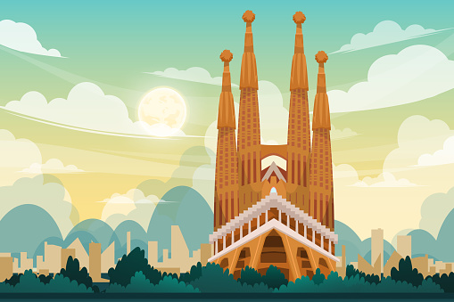 Beautiful scene of Sagrada Familia Gaudi Basilica in Barcelona famous monument of Spain, one of landmark tourist attraction design postcard or travel poster, Vector illustration