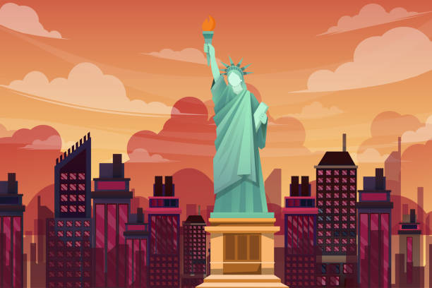 illustrazioni stock, clip art, cartoni animati e icone di tendenza di bellissimo punto di riferimento la statua della libertà a new york usa vettoriale - new york city skyline new york state freedom