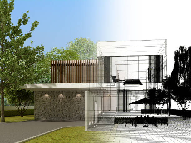 istock sketch design of house , 3d rendering wire frame 1407949121