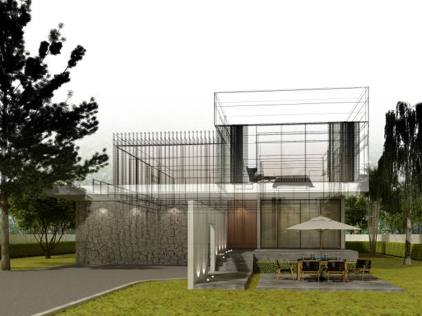 A group of modern architectural white buildings featuring green roofs, surrounded by lush tropical trees and plants in a serene setting. The design emphasizes sustainability and harmony with nature.