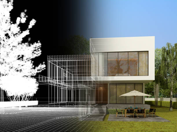 istock sketch design of house , 3d rendering wire frame 1407949150