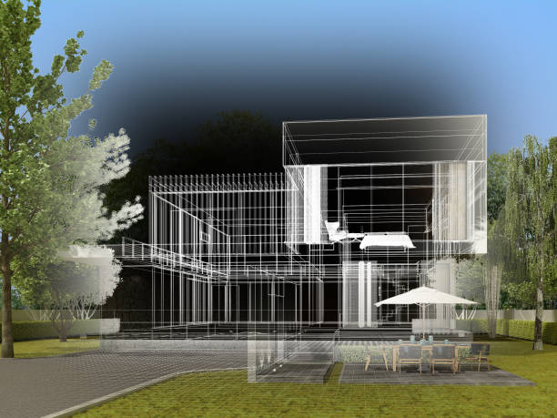 istock sketch design of house , 3d rendering wire frame 1407949152
