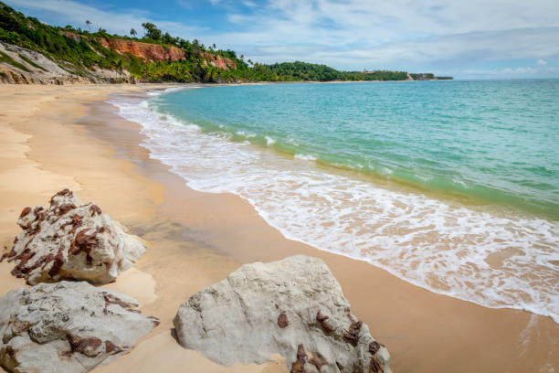 идиллический пляж эспельо с морскими скалами в транкозу, баия - tide rock bay landscape стоковые фото и изображения