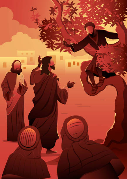 Zacchaeus climbed up into a sycamore tree Zacchaeus climbed up into a sycamore tree to have a better view of Jesus. Biblical series tax silhouettes stock illustrations