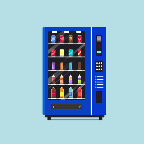 음료가있는 전체 자동 판매기의 그림. 청록색 배경에 고립 - vending machine machine selling soda stock illustrations