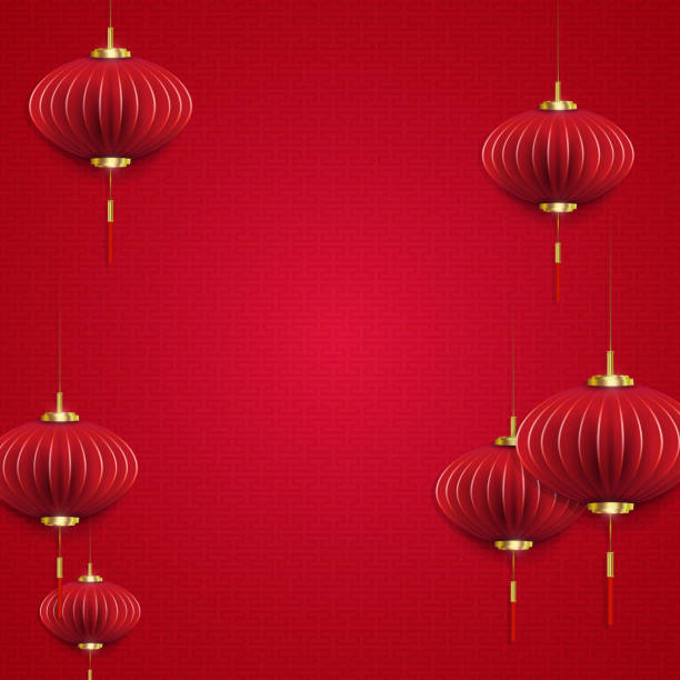 istock Air lanterns in the style of paper art on a red background with a pattern 1407955548