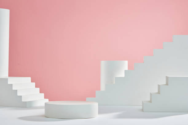 istock Pink background with circle , square white podium and blank space for advertising , abstract content , front view 1407959448