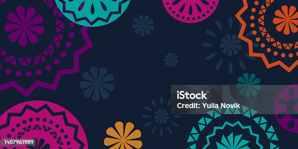 istock Hispanic heritage month background. Vector banner, poster for social media, networks. Greeting card with copy space. National Hispanic heritage month text, Papel Picado pattern on black background. 1407961989
