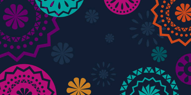Hispanic heritage month background. Vector banner, poster for social media, networks. Greeting card with copy space. National Hispanic heritage month text, Papel Picado pattern on black background. Hispanic heritage month background. Vector web banner, poster for social media, networks. Greeting card with copy space. National Hispanic heritage month text, Papel Picado pattern on black background spanish culture stock illustrations