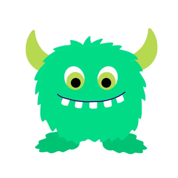 Vector illustration of Funny cool cartoon fluffy green monster, aliens or fantasy animals for childish cards and books. Hand drawn flat vector illustration isolated on white background.