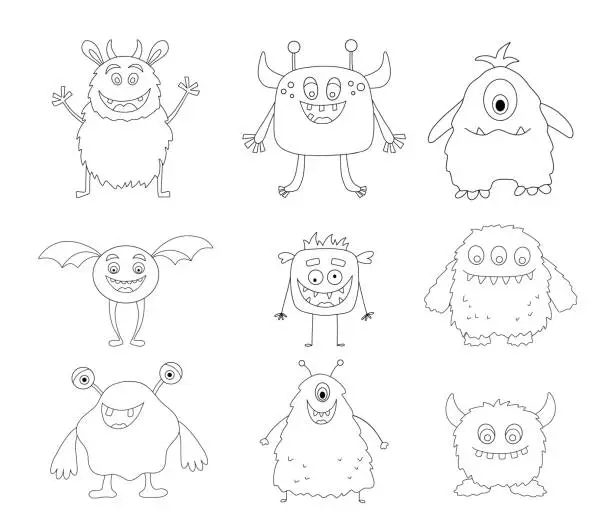 Vector illustration of Set of cute monsters. Funny cool line monster, aliens or fantasy animals for childish coloring book. Hand drawn outline cartoon vector illustration isolated on white background.