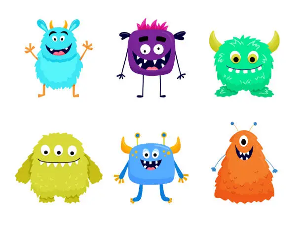 Vector illustration of Set of cute colorful monsters. Funny cool cartoon fluffy monster, aliens or fantasy animals for childish cards and books. Hand drawn flat vector illustration isolated on white background.