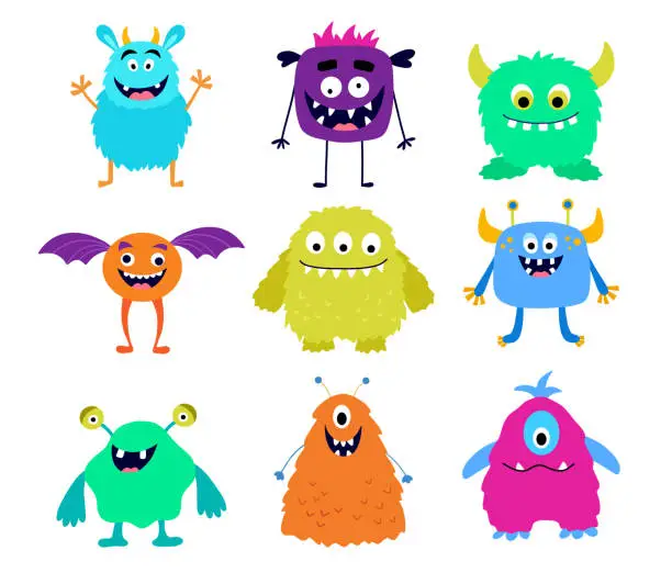 Vector illustration of Set of cute colorful monsters. Funny cool cartoon fluffy monster, aliens for childish cards and books. Hand drawn flat vector illustration isolated on white background.