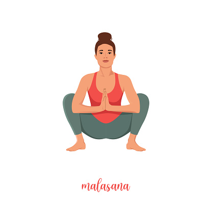 Woman doing yoga, sitting in malasana garland pose. Flat vector illustration isolated on white background