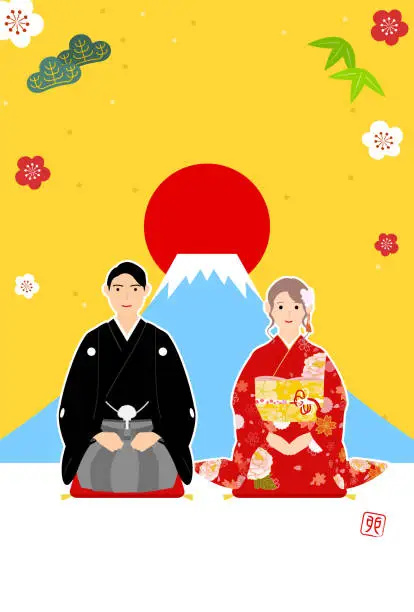 Vector illustration of New Year's card for the year of the Rabbit, 2023, with a man and a woman in kimono, the first sunrise of the year, and Mt.Fuji