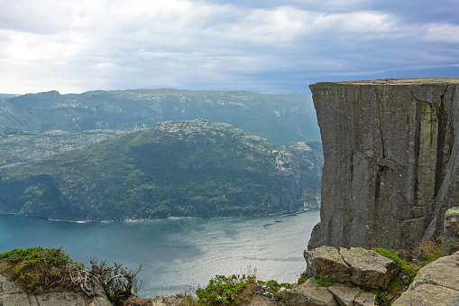 Norway. Preikestolen (Pulpit rock) is natural Norwegian landmark. Lysefjord cliff landscape.