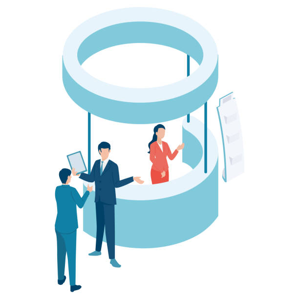 Isometric illustrations of business people having business talks at the exhibition booth It is an isometric illustration of a business person who has business talks at the exhibition booth. kiosk illustrations stock illustrations