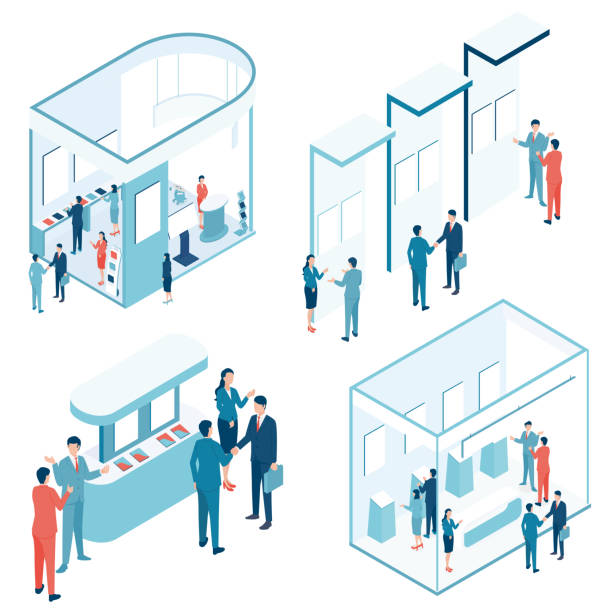 Exhibition booth isometric illustration set It is a set illustration of the isometric illustration of the exhibition booth. spokesmodel stock illustrations