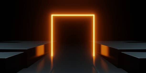 istock 3d rendering of orange neon glowing spaceship corridor black background. Scene for advertising, showroom, technology, future, modern, sport, game, metaverse, warehouse, garage. Sci Fi Illustration 1407965241