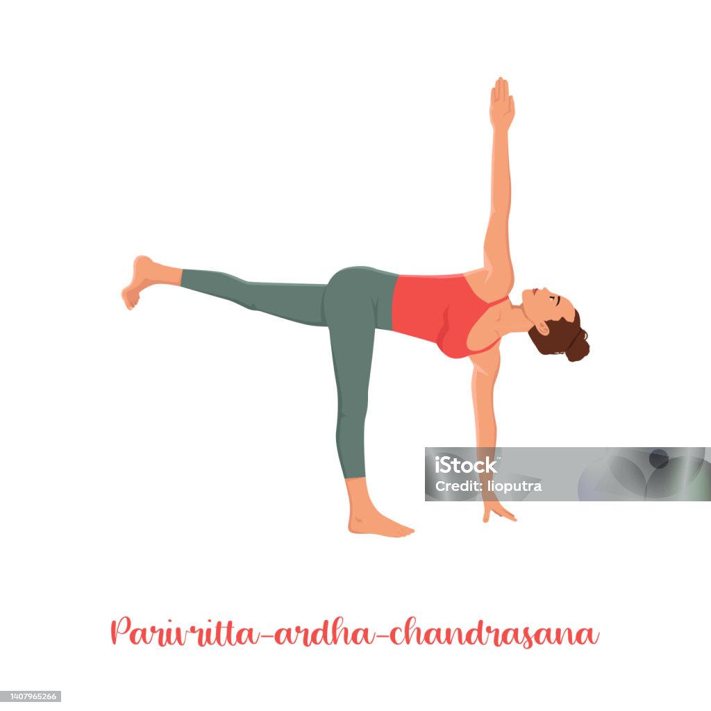 Woman doing Parivrtta Ardha Chandrasana. Revolved Half Moon Pose. Flat vector illustration isolated on white background Yoga stock vector