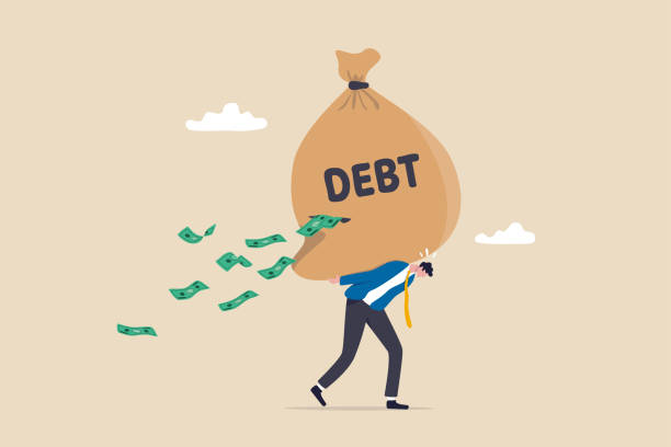 ilustrações de stock, clip art, desenhos animados e ícones de debt burden, financial obligation or loan payment, heavy load of money failure, mortgage or borrowing money problem concept, tried businessman carrying big debt money bag losing money banknotes. - debt