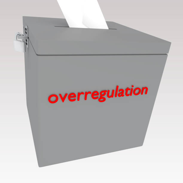 Overregulation - legislation concept 3d illustration of Overregulation title on ballot box, isolated over gray gradient. ballot measure stock pictures, royalty-free photos & images