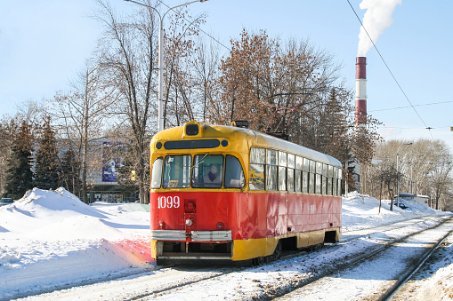 Ufa, Russia - February 25, 2008: Old Soviet tramway RVR 6M2 in the city street.