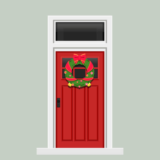 istock Christmas concept illustration .vector illustration of red door with christmas decorative wreath hanging on it 1407969569