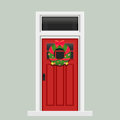 Christmas concept illustration .vector illustration of red door with christmas decorative wreath hanging on it