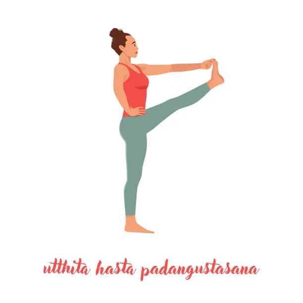 Vector illustration of Woman practicing yoga, standing in Extended Hand to Big Toe exercise, Utthita Hasta Padangustasana pose. Flat vector illustration isolated on white background