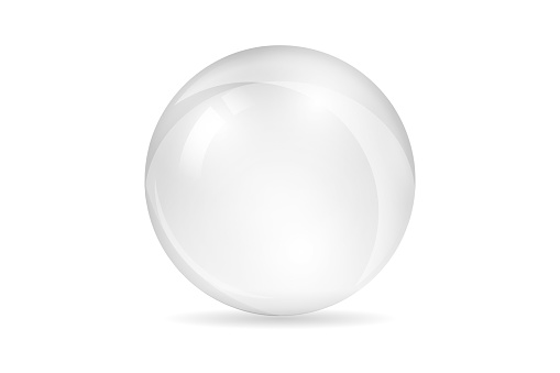 White transparent glass ball. Realistic sphere with shadow isolated on white background. Mockup template for your design. 3d ball or orb. Concept for advertising or presentation.