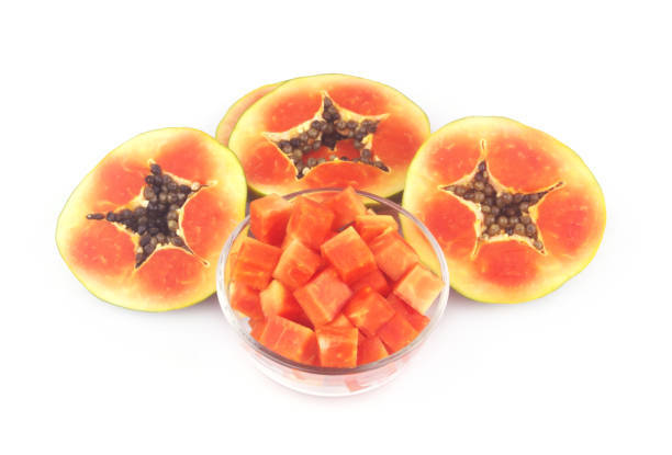 Sliced papaya fruit in glass bowl and isolated on white background.