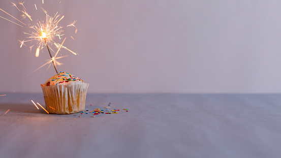 Delicious muffin and burning sparkler decorating it, copy space for text about birthday celebration