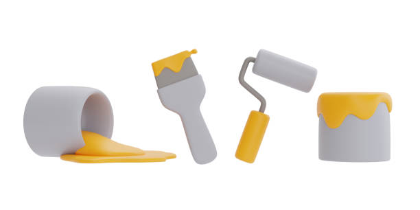 istock set of construction tools and equipment, paint brush, sponge roller and paint can, labor day. 3d rendering 1407974921