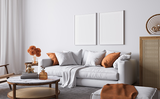 Bright living room design, poster mockup in white room interior, Scandinavian style, 3d render