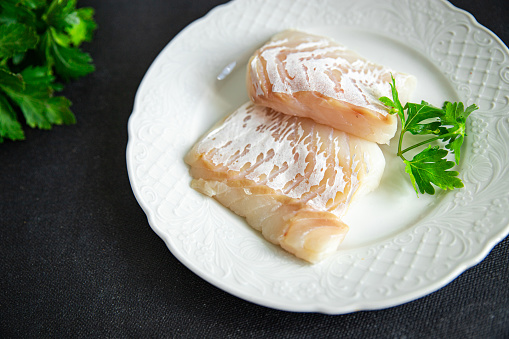 cod fish white skinless fillet fresh meal food snack on the table copy space food background