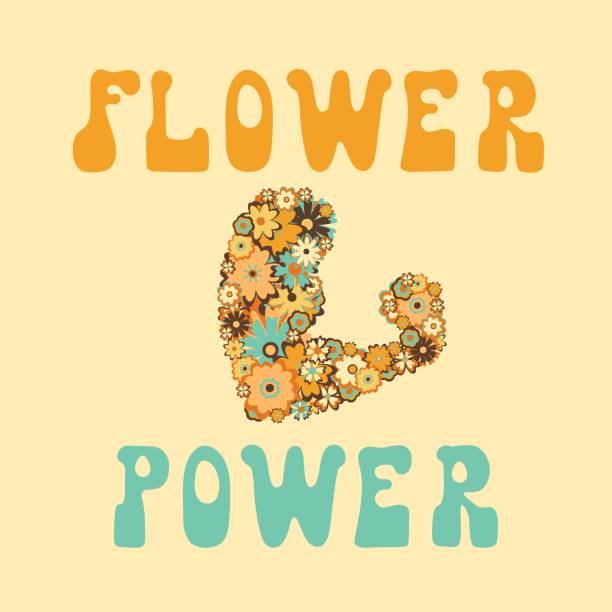 flower power2 Illustration of an arm with biceps made of different colorful hand drawn flowers and an inscription Flower Power on beige background. 1970 pictures stock illustrations