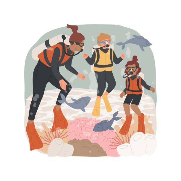 Diving isolated cartoon vector illustration. Diving isolated cartoon vector illustration. Scuba diving class for family, wearing equipment, swimming under water together, watching coral and fish, holiday seaside activity vector cartoon. scuba diving family stock illustrations