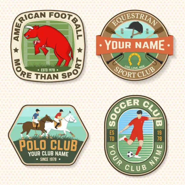 Vector illustration of Set of american football, soccer, polo and horse riding club embroidery patch. Vector. Sticker design with soccer, american football sportsman player, helmet, ball rider and horse silhouette.