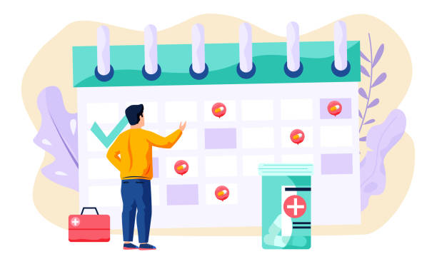 Schedule of treatment procedures and taking pills. Male stands near a large calendar with marks Schedule of treatment procedures and taking pills. Concept of system reminder regular to visit doctor. Male patient stands near a large calendar with marks, points with hand back view flat vector flu shot calendar stock illustrations