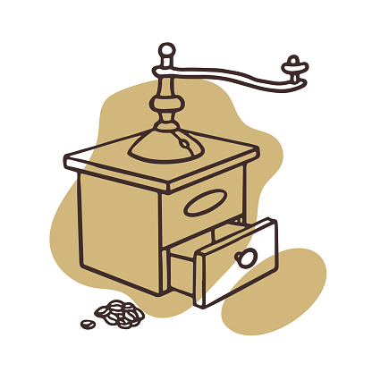 Manual coffee grinder for grinding coffee beans Outline Doodle Vector Illustration.