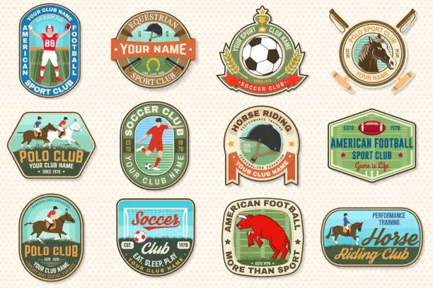 Vector illustration of Set of american football, soccer, polo and horse riding club embroidery patch. Vector. Sticker design with soccer, american football sportsman player, helmet, ball rider and horse silhouette.