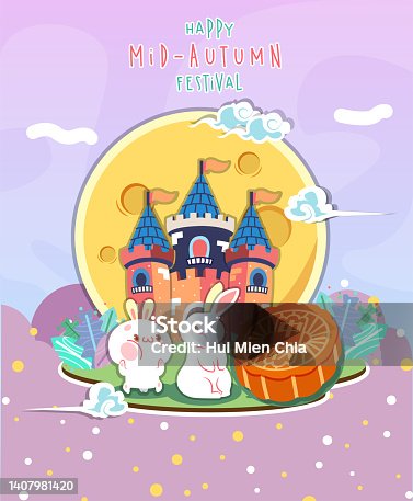 istock Happy mid-autumn festival banner with fat rabbit enjoying mooncake and the full moon on shiny starry night, holiday name in chinese characters 1407981420