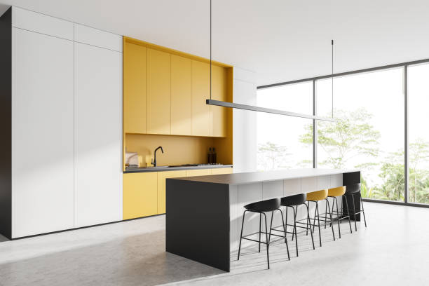 istock Light kitchen interior with island and bar seats, shelves and window 1407981659